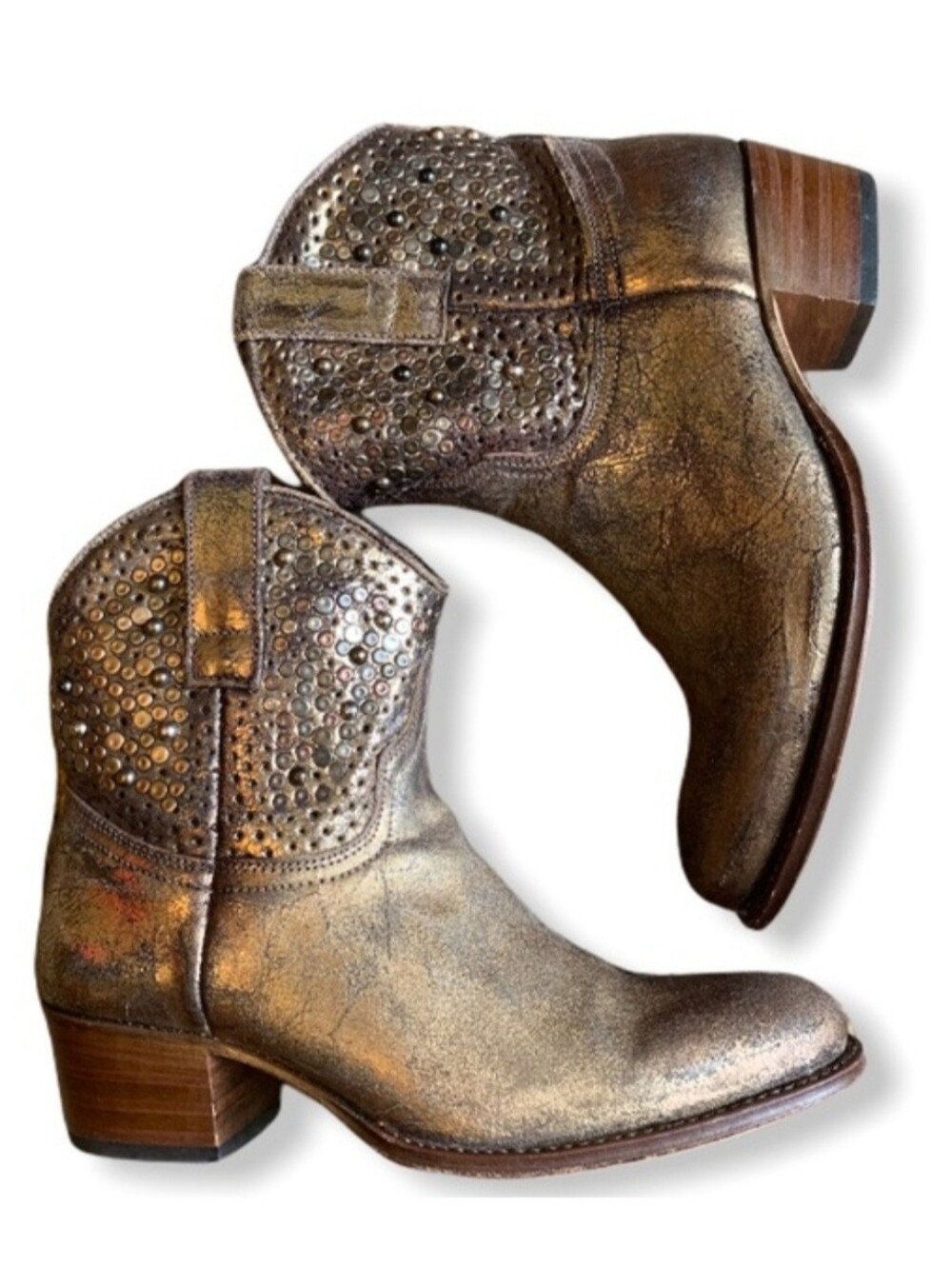 •FRYE• 'Deborah' Metallic Gold Western Ankle Boots with Stud Detail - Picture 3 of 15